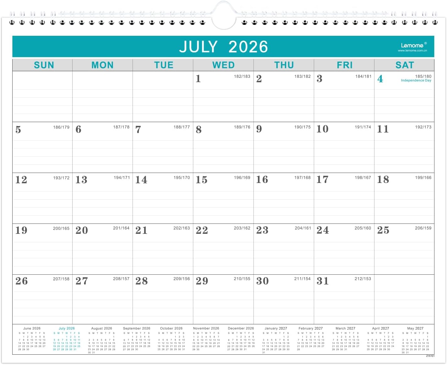 Lemome Calendar 2026-2027 Office Home Planning & Organizing, July 2026 to December 2027, Thick Paper, Julian Date, Large Monthly Wall Hanging Spiral Planner for Family and Work - Green 11.5" x 14.6"
