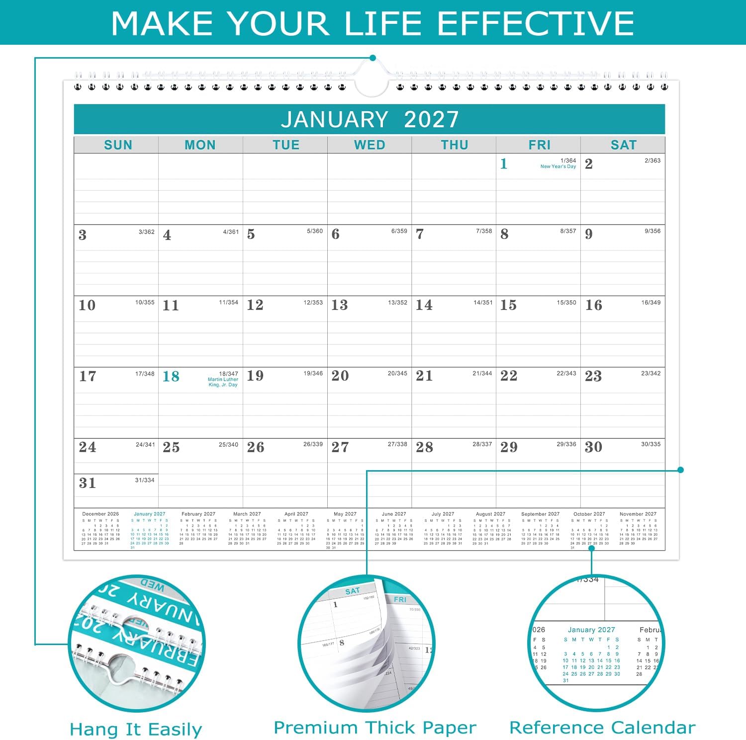 Lemome Calendar 2026-2027 Office Home Planning & Organizing, July 2026 to December 2027, Thick Paper, Julian Date, Large Monthly Wall Hanging Spiral Planner for Family and Work - Green 11.5" x 14.6" - Image 2