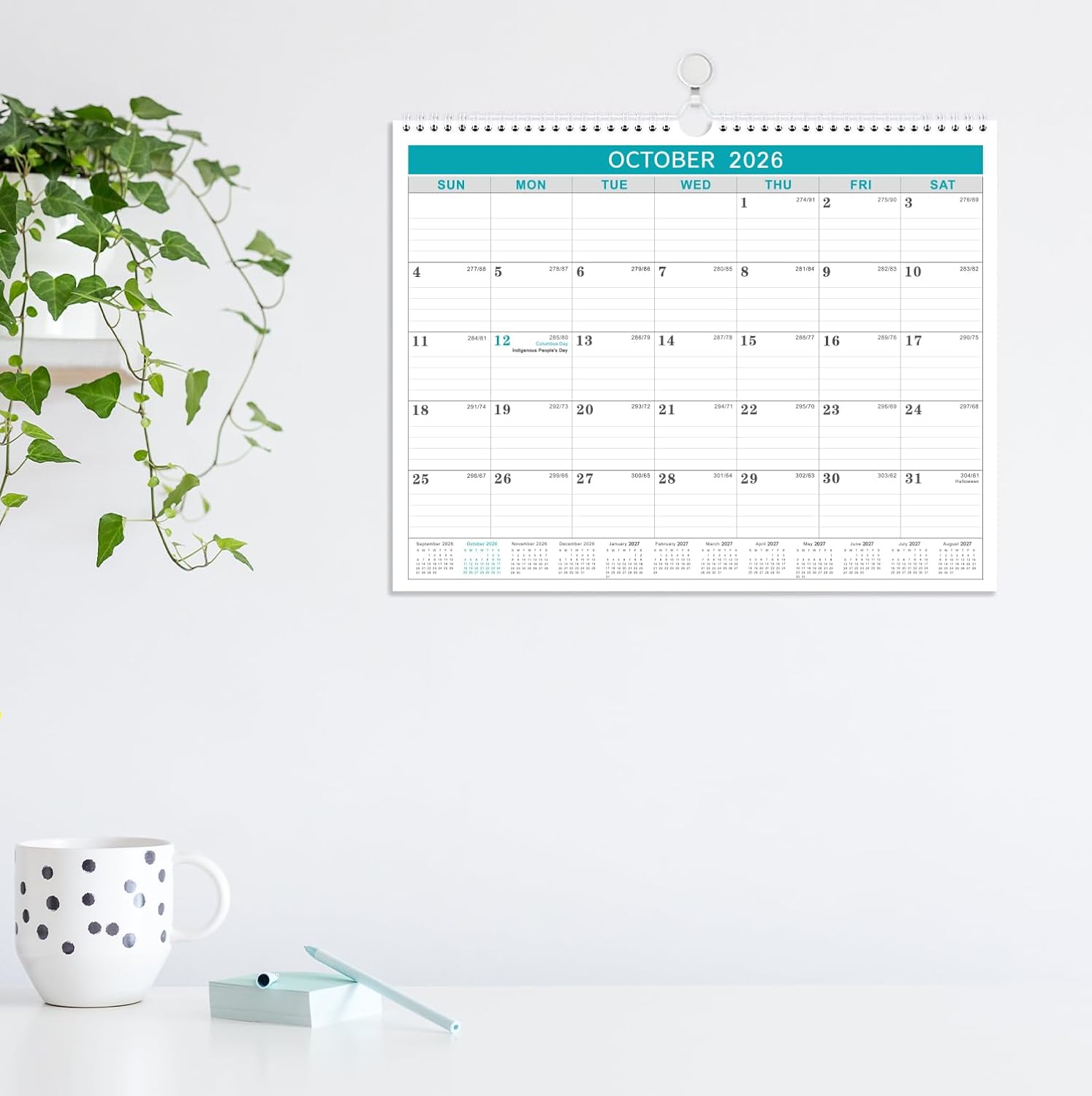 Lemome Calendar 2026-2027 Office Home Planning & Organizing, July 2026 to December 2027, Thick Paper, Julian Date, Large Monthly Wall Hanging Spiral Planner for Family and Work - Green 11.5" x 14.6" - Image 6