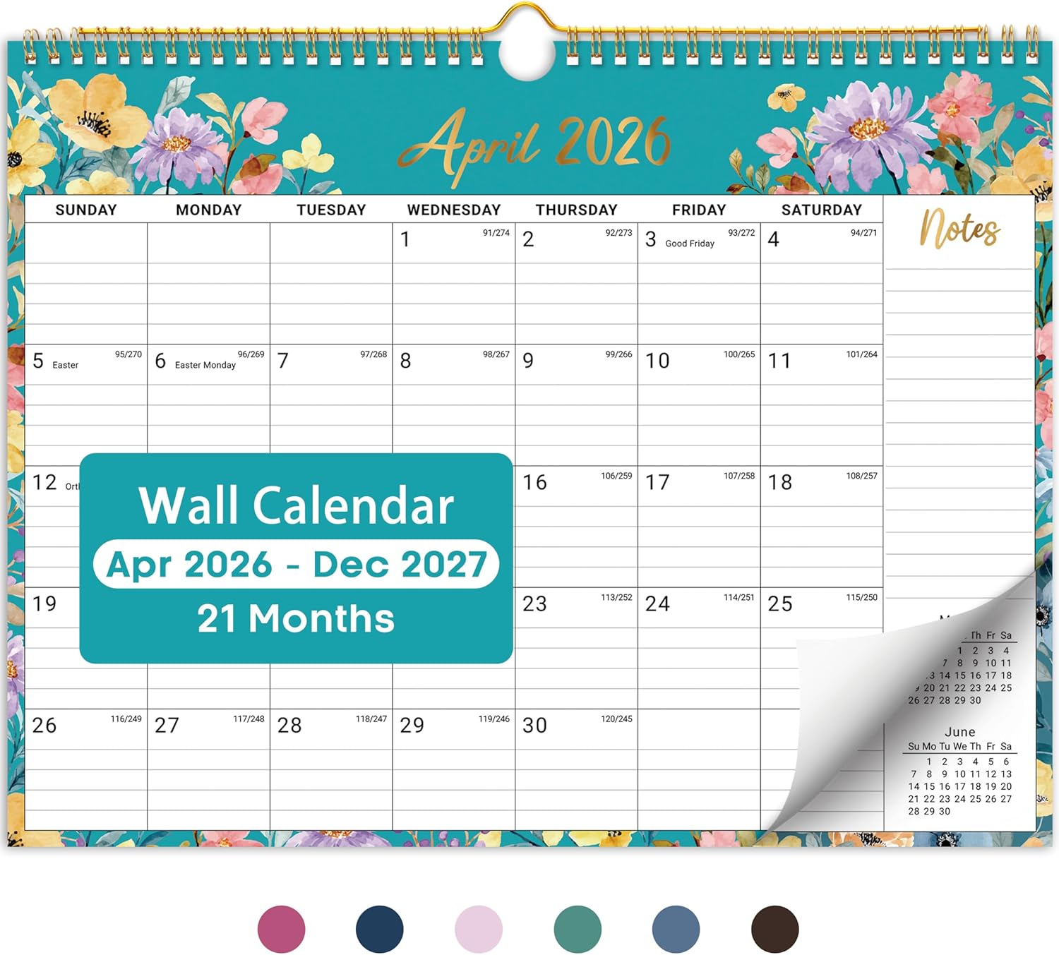 Calendar 2026-2027, Monthly Wall Calendar from April 2026 to December 2027, 11.5" x 14.7", Spiral Binding Hanging Wall Calendar, Perfect for Home or Office,Floral