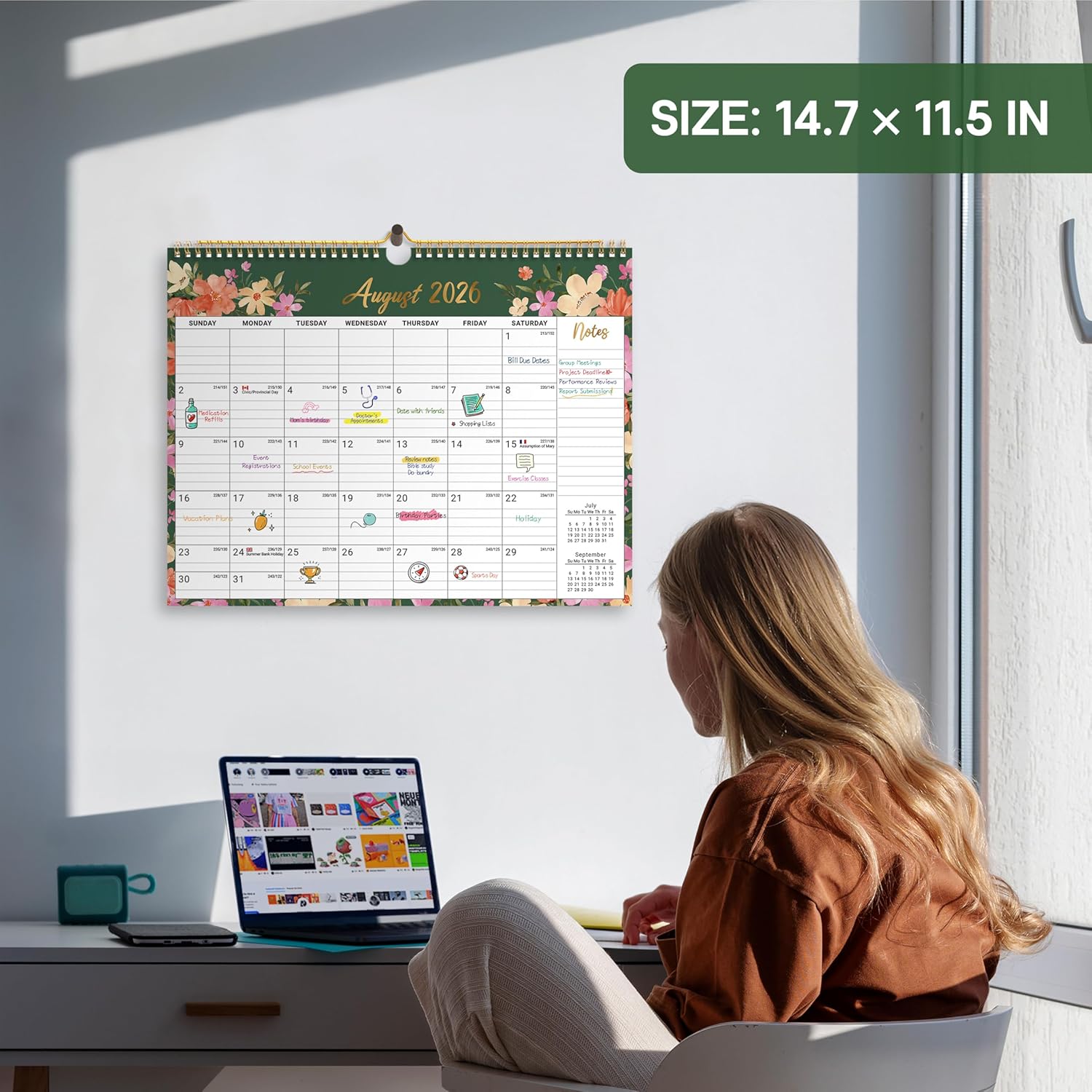 Calendar 2026-2027, Monthly Wall Calendar from April 2026 to December 2027, 11.5" x 14.7", Spiral Binding Hanging Wall Calendar, Perfect for Home or Office,Floral - Image 4