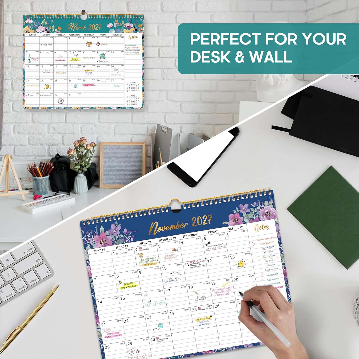 Calendar 2026-2027, Monthly Wall Calendar from April 2026 to December 2027, 11.5" x 14.7", Spiral Binding Hanging Wall Calendar, Perfect for Home or Office,Floral - Image 6