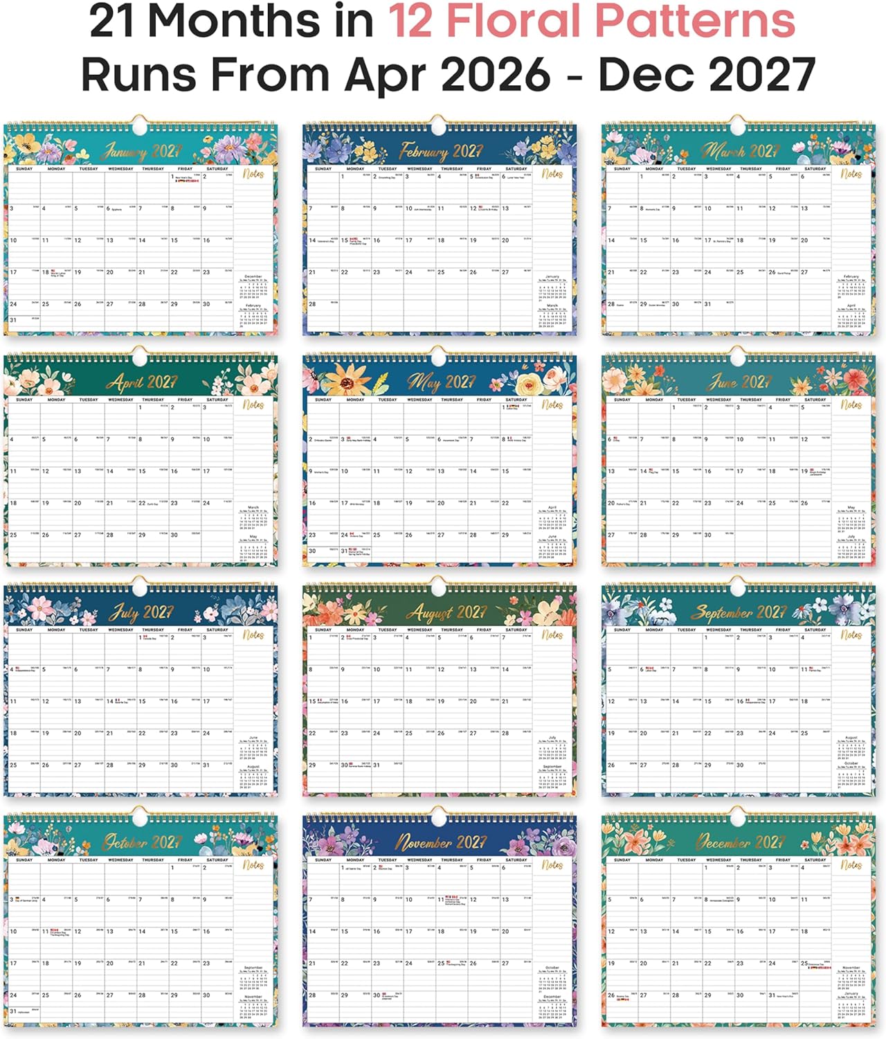 Calendar 2026-2027, Monthly Wall Calendar from April 2026 to December 2027, 11.5" x 14.7", Spiral Binding Hanging Wall Calendar, Perfect for Home or Office,Floral - Image 7