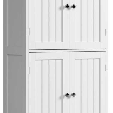 ChooChoo Bathroom Floor Cabinet, Modern Bathroom Storage Cabinet with 4 Doors and Adjustable Shelves, Freestanding Cupboard for Living Room, White