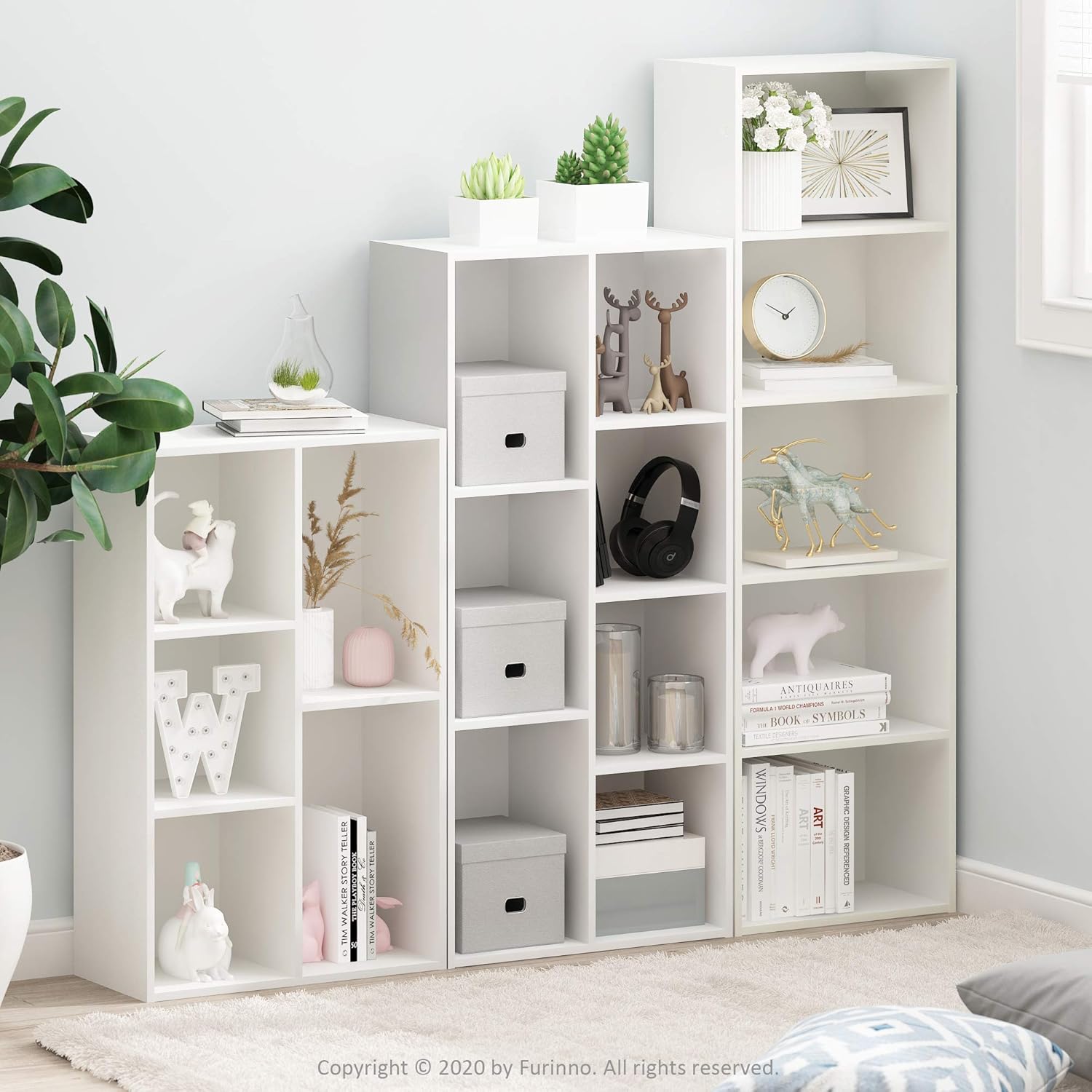 Furinno LUDER Book Shelf, 5-Tier Bookshelf, Bookcase with Open Shelves, 9.4 x 15.8 x 52, Easy Assembly, for Living Room, Bedroom, Home Office, White - Image 2