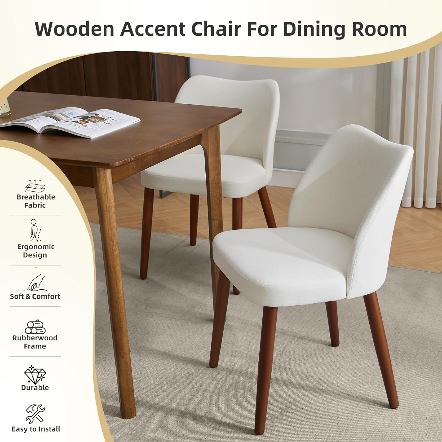 GarveeHome Linen Dining Chair Set of 4 Upholstered Fabric Dining Chair with Wood Legs, Wing Backrest, Wooden Kitchen Chairs with Thick Cushions, Leveling Feet for Dining Room, Living Room, White - Image 4