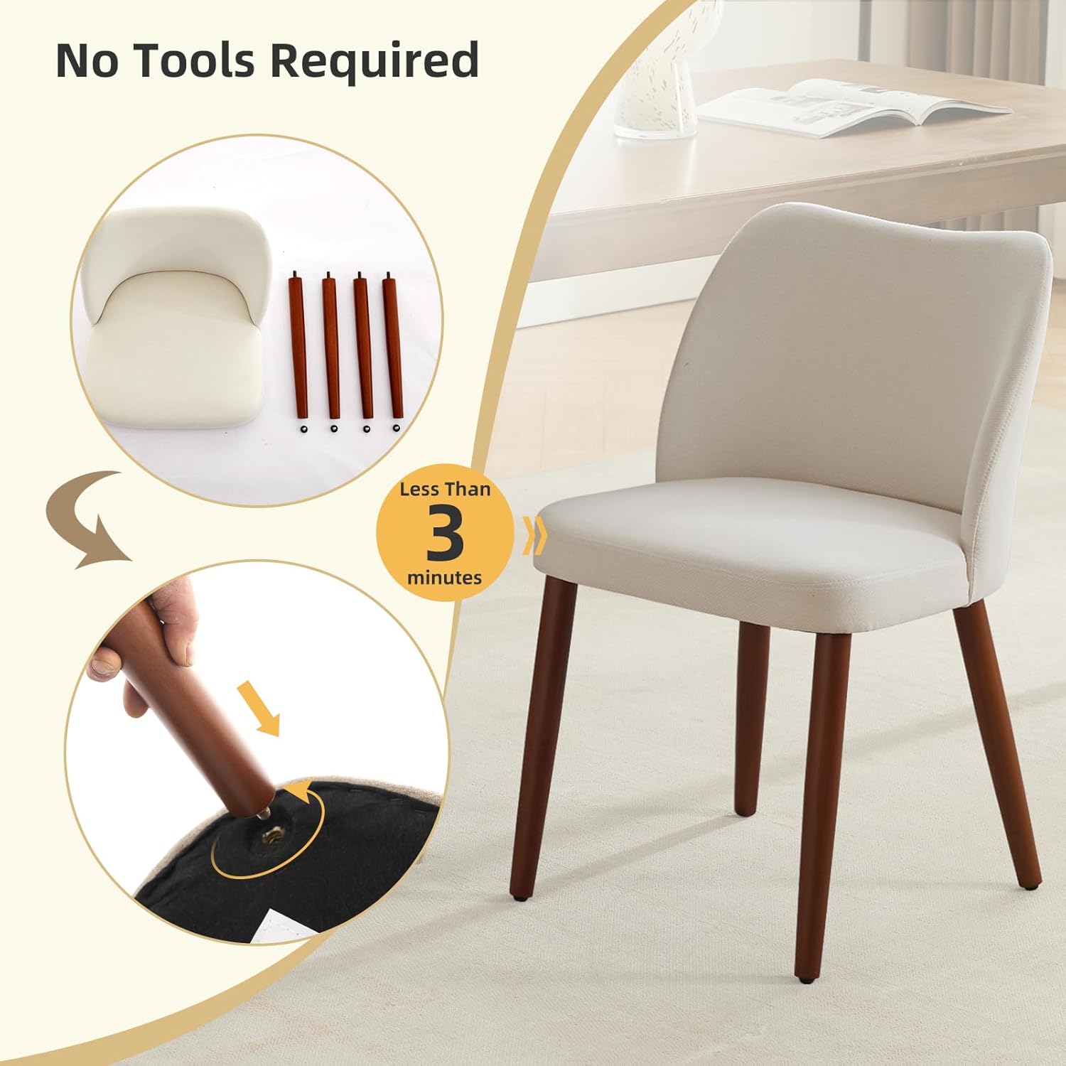 GarveeHome Linen Dining Chair Set of 4 Upholstered Fabric Dining Chair with Wood Legs, Wing Backrest, Wooden Kitchen Chairs with Thick Cushions, Leveling Feet for Dining Room, Living Room, White - Image 5