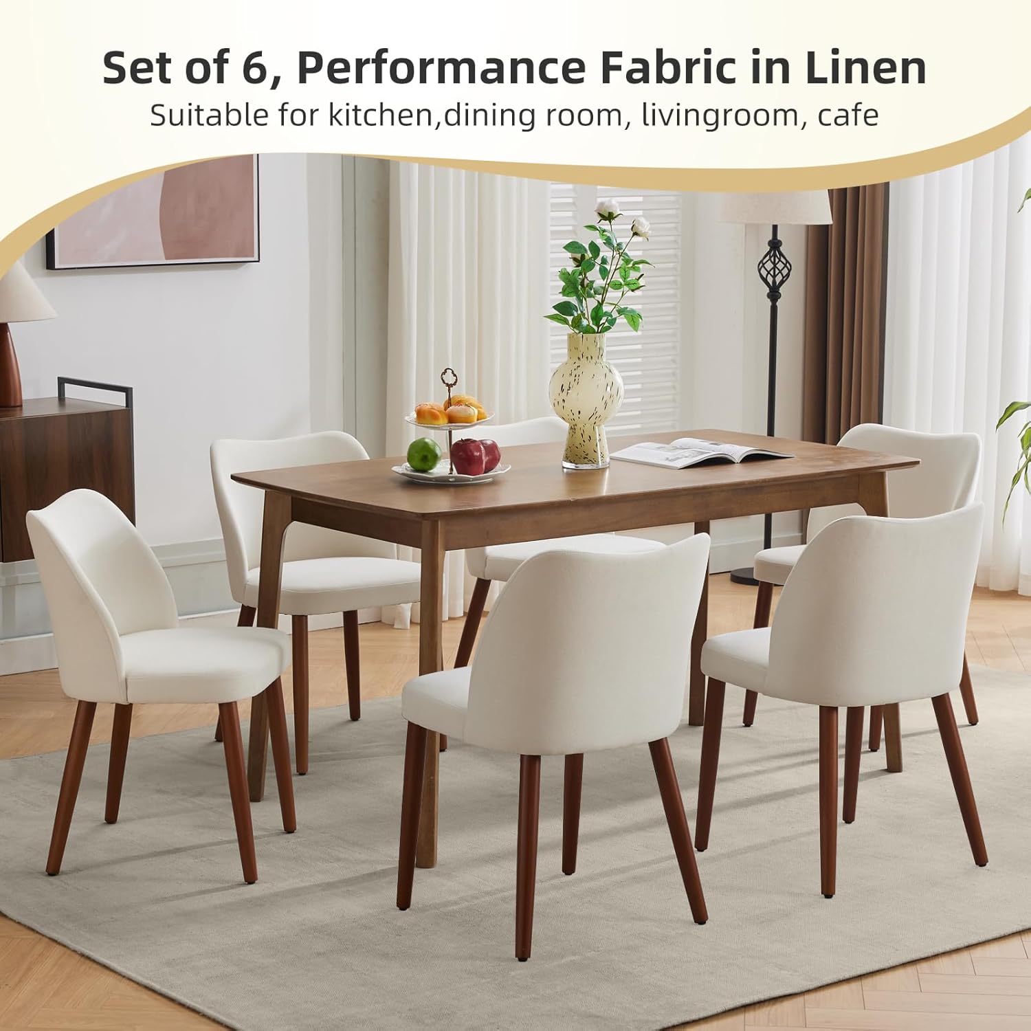 GarveeHome Linen Dining Chair Set of 4 Upholstered Fabric Dining Chair with Wood Legs, Wing Backrest, Wooden Kitchen Chairs with Thick Cushions, Leveling Feet for Dining Room, Living Room, White - Image 6